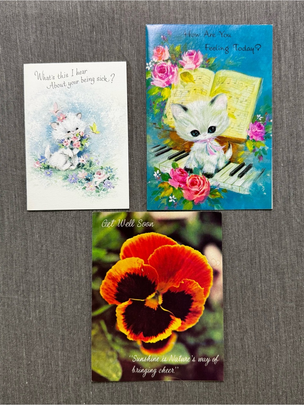 3 Vintage Get Well Soon Greeting Cards Unused 1960s 1970s Cute Kittens Pansy